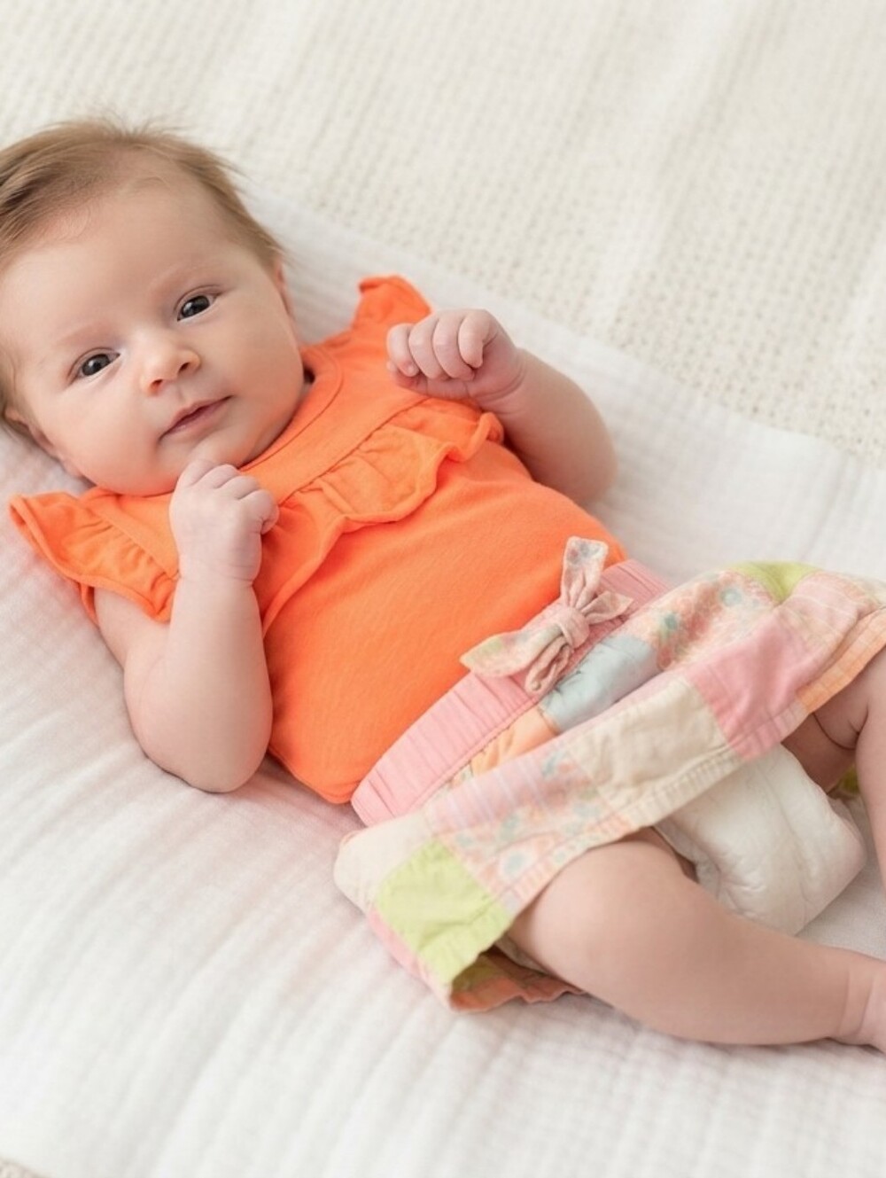 3M Orange Ruffle Sleeve Top with Pastel Patchwork Skirt